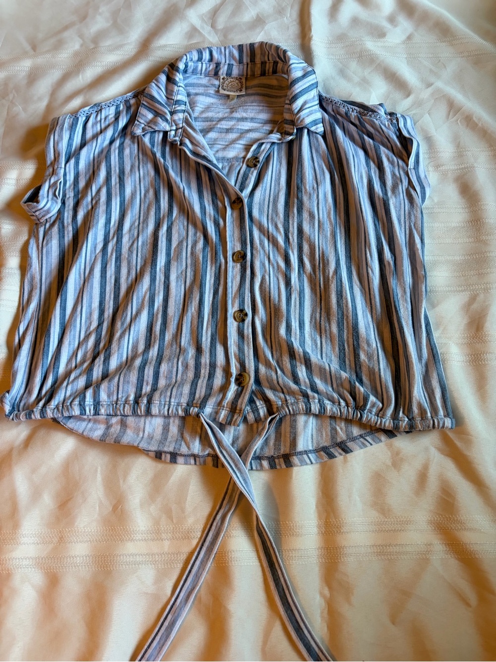 Light Blue and Navy Striped Tie-Front Button Shirt